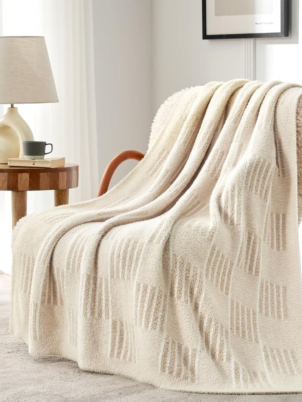 Cream Checkered Throw Blanket,Fluffy Faux Fur Reversible Soft Microfiber Warm Th
